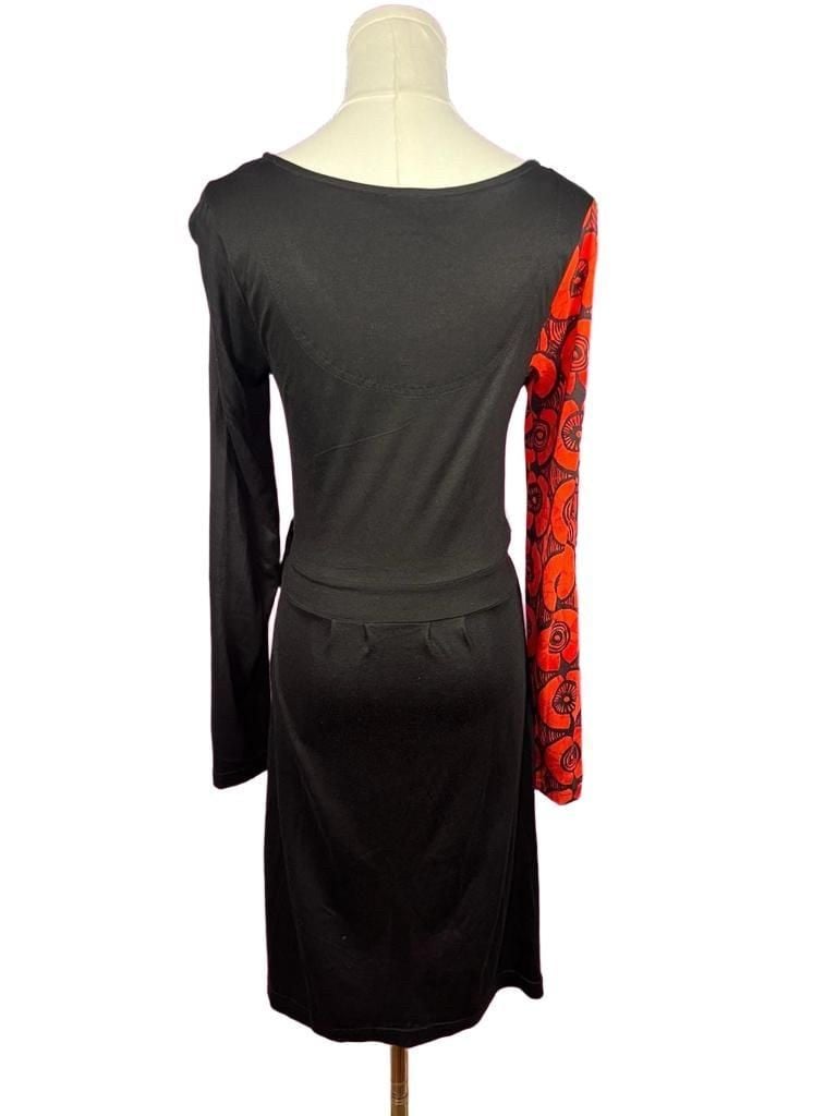 Desigual Red Black Abstract Floral Print Belted Midi Dress Long Sleeve Size S 6