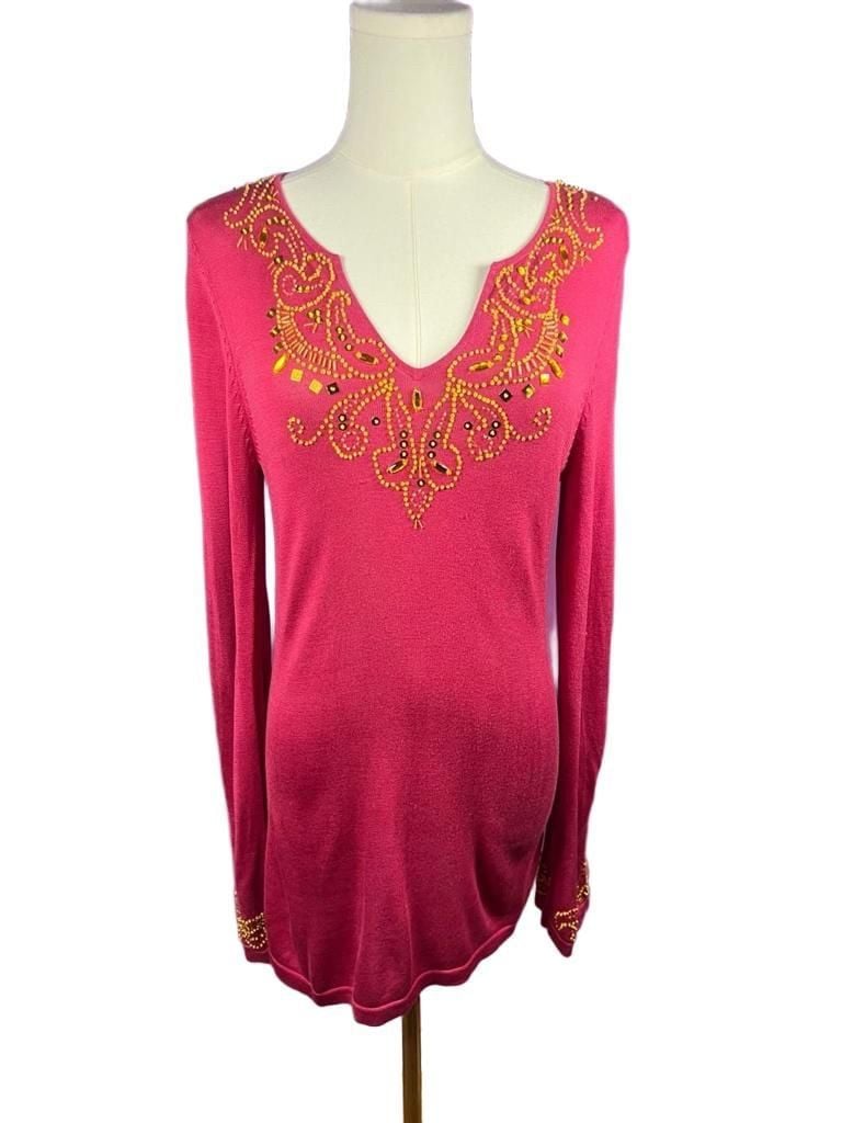 Lucia Burns Beaded Sequin Silk Blend Sweater Size M Pink Long Sleeve 2