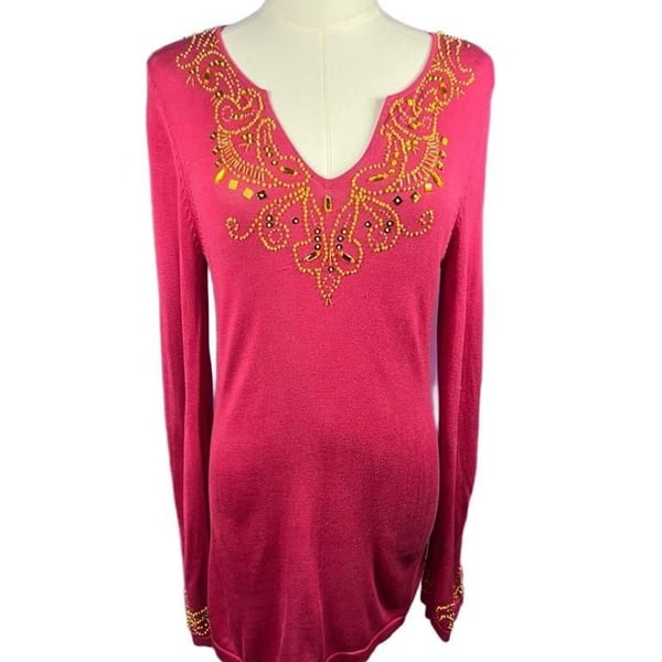 Lucia Burns Beaded Sequin Silk Blend Sweater Size M Pink Long Sleeve