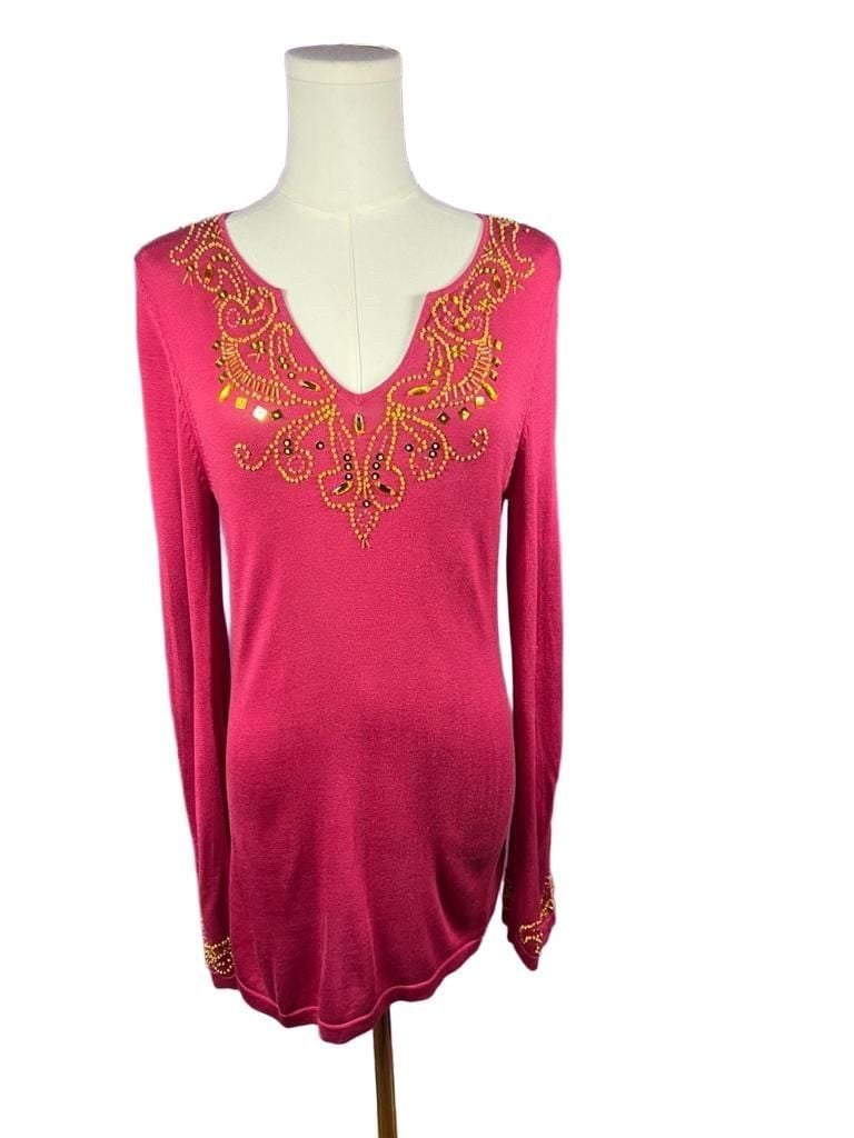 Lucia Burns Beaded Sequin Silk Blend Sweater Size M Pink Long Sleeve 3