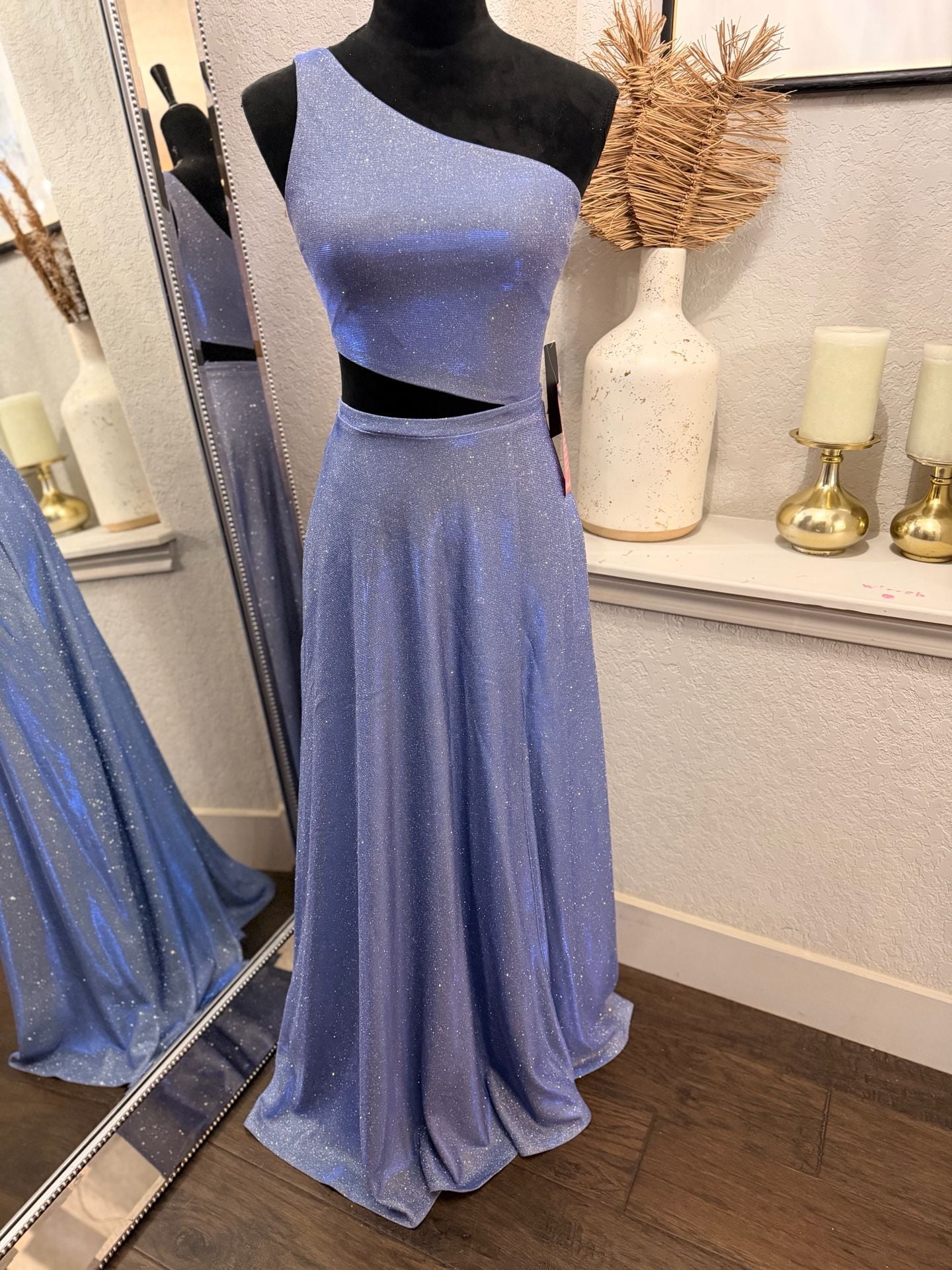 NWT City Vibe Gown One Shoulder Cutout Leg Slit, shimmering Blue- Size 1 6