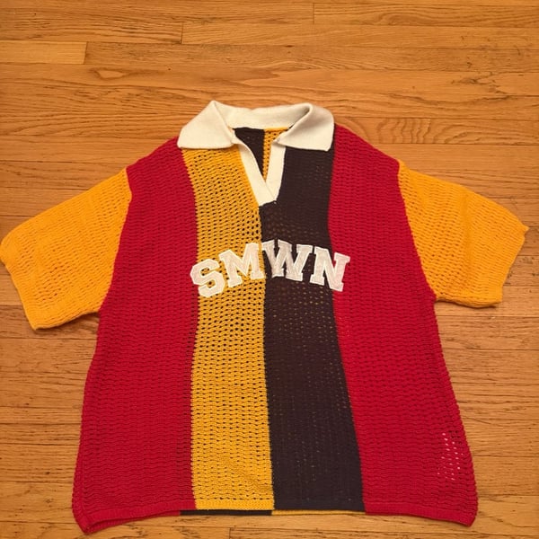Sumwon Crochet Polo Collar Sweater Size L Multicolor Stripe Letter Logo