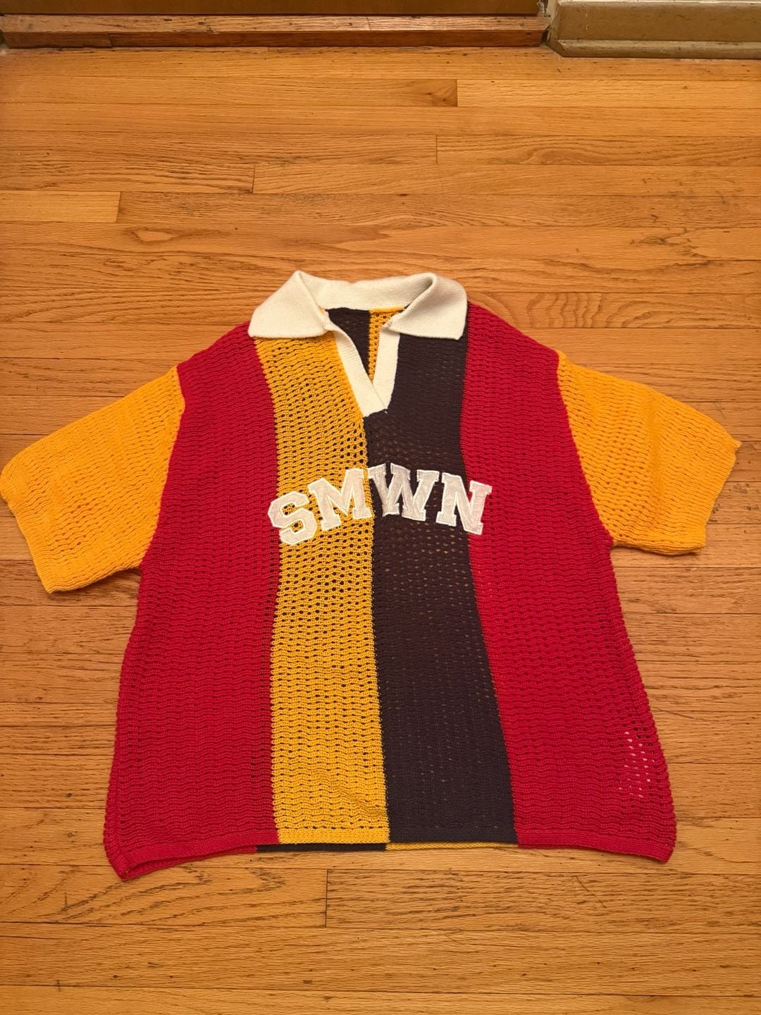 Sumwon Crochet Polo Collar Sweater Size L Multicolor Stripe Letter Logo 3