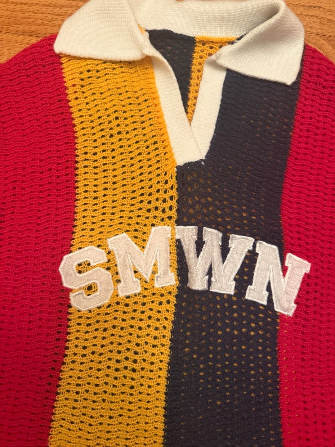 Sumwon Crochet Polo Collar Sweater Size L Multicolor Stripe Letter Logo 4