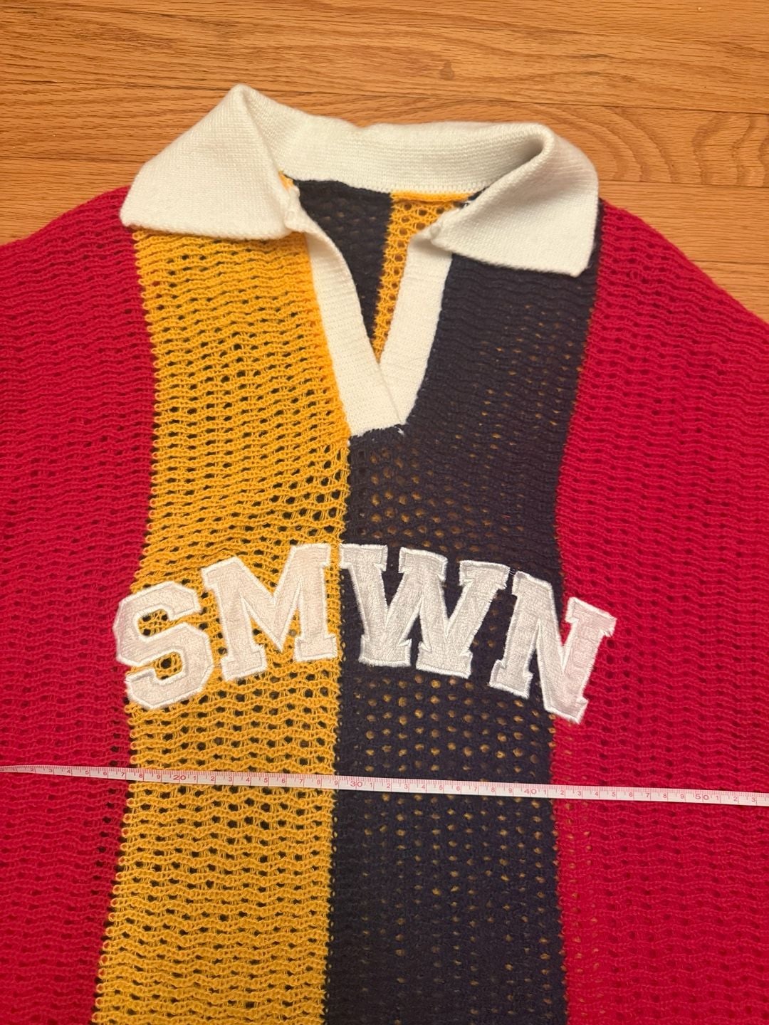 Sumwon Crochet Polo Collar Sweater Size L Multicolor Stripe Letter Logo 8