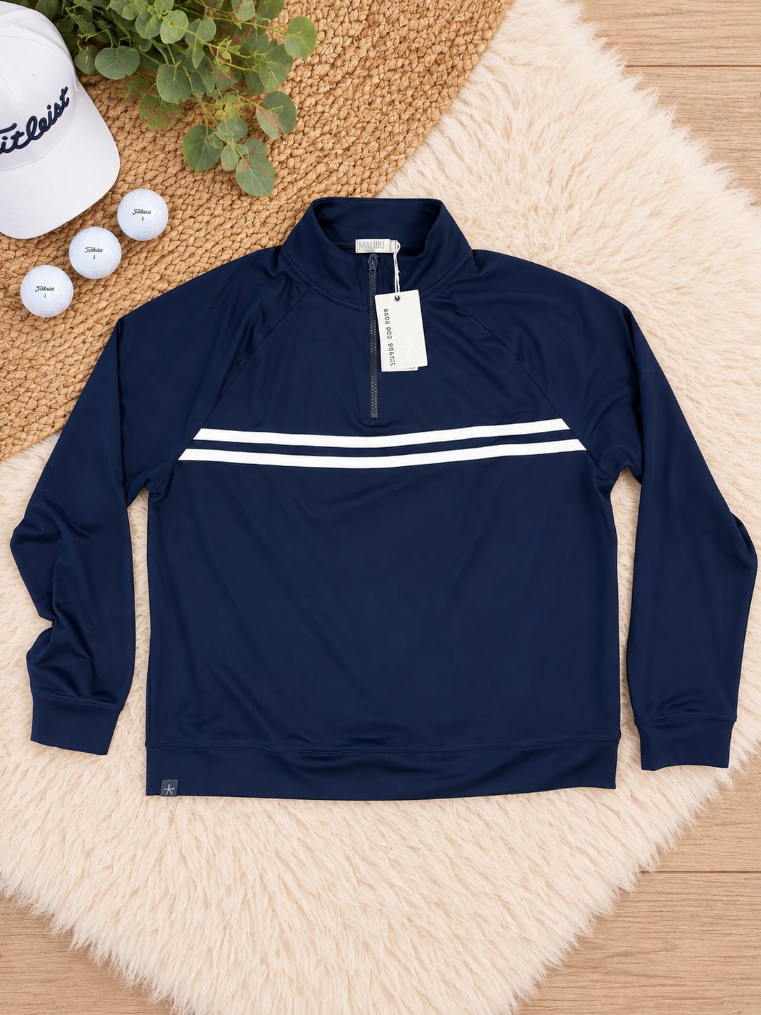 Barefoot Dreams Malibu Golf Performance Quarter-Zip Pullover Navy Blue White Stripes Womans 3