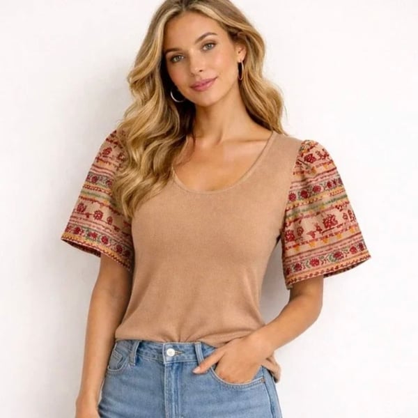 DOLAN Top Size L Tan Ribbed Knit Embroidered Puff Sleeve