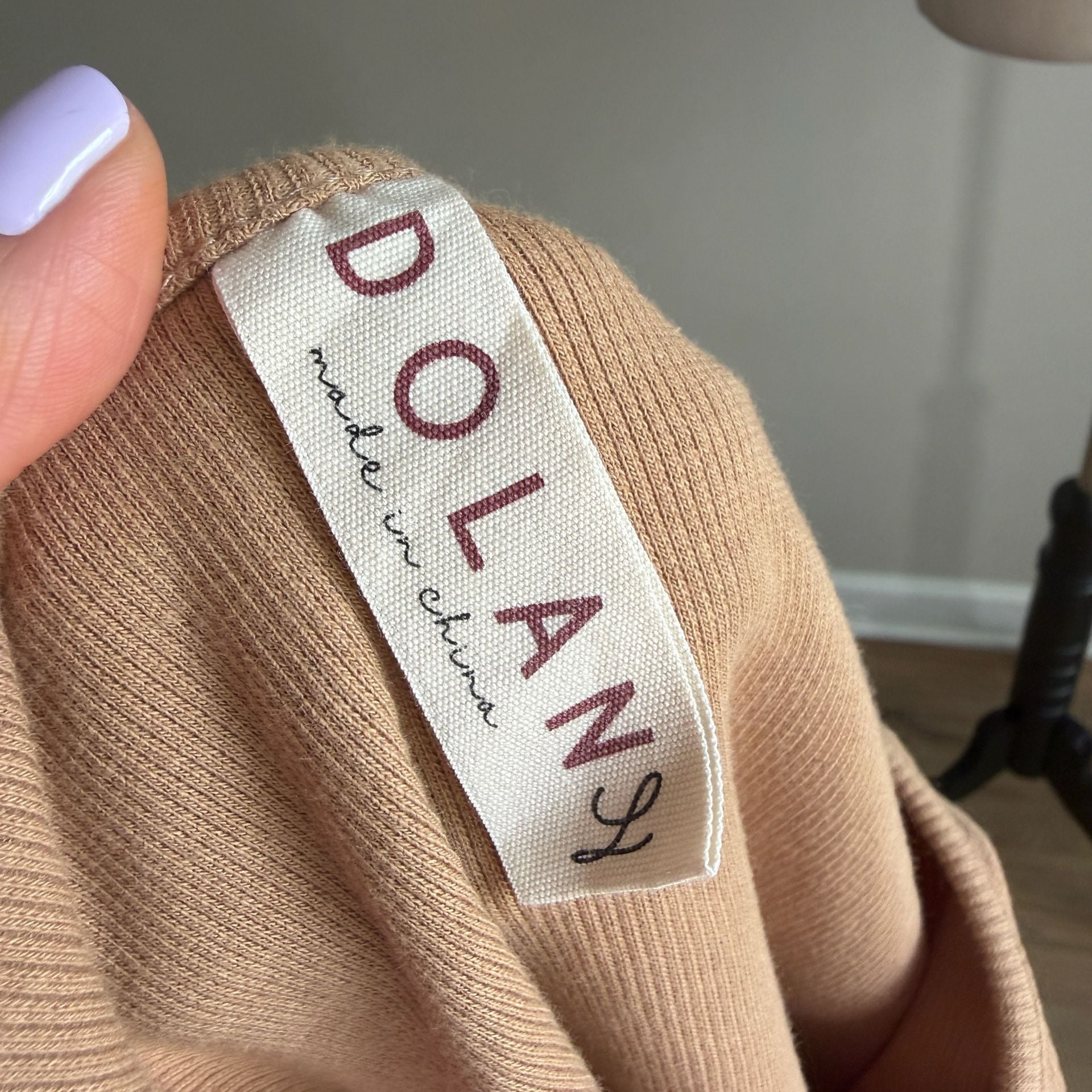 DOLAN Top Size L Tan Ribbed Knit Embroidered Puff Sleeve 4