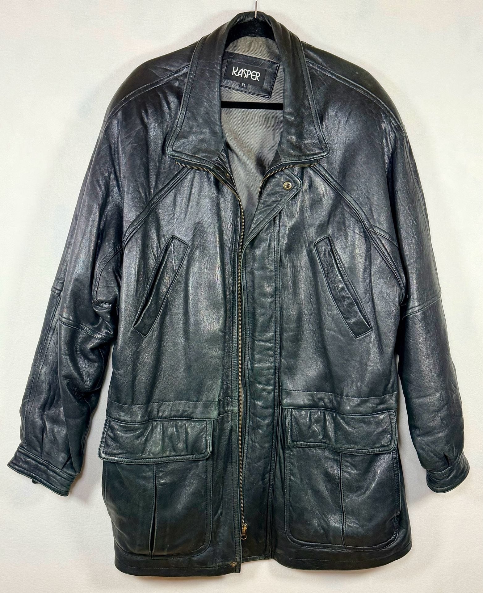 Men’s Kasper Leather Jacket Size XL Black Vintage Utility Coat Full Zip Pockets 2