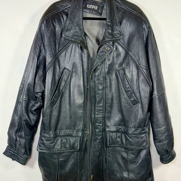 Men’s Kasper Leather Jacket Size XL Black Vintage Utility Coat Full Zip Pockets