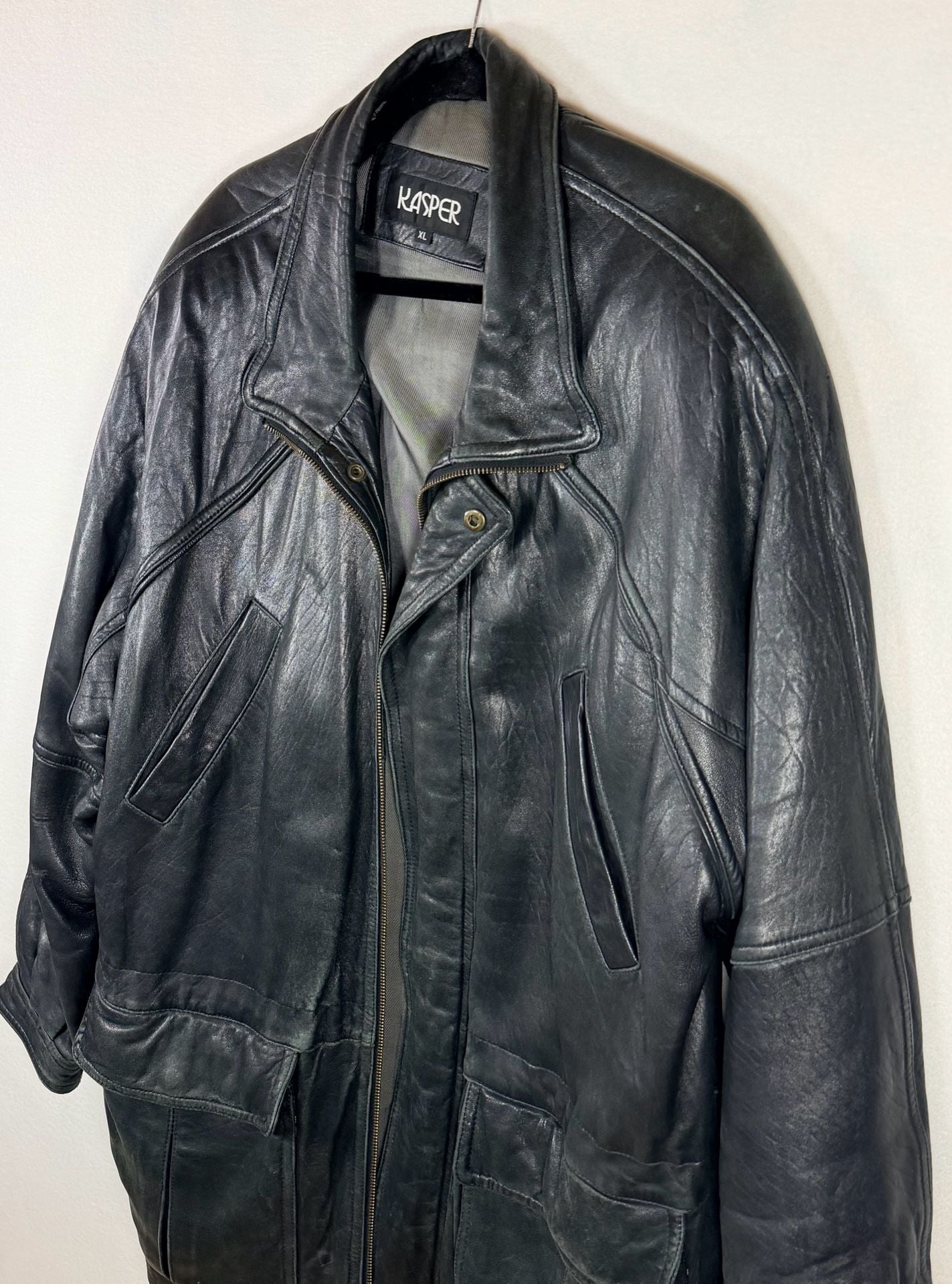 Men’s Kasper Leather Jacket Size XL Black Vintage Utility Coat Full Zip Pockets 3