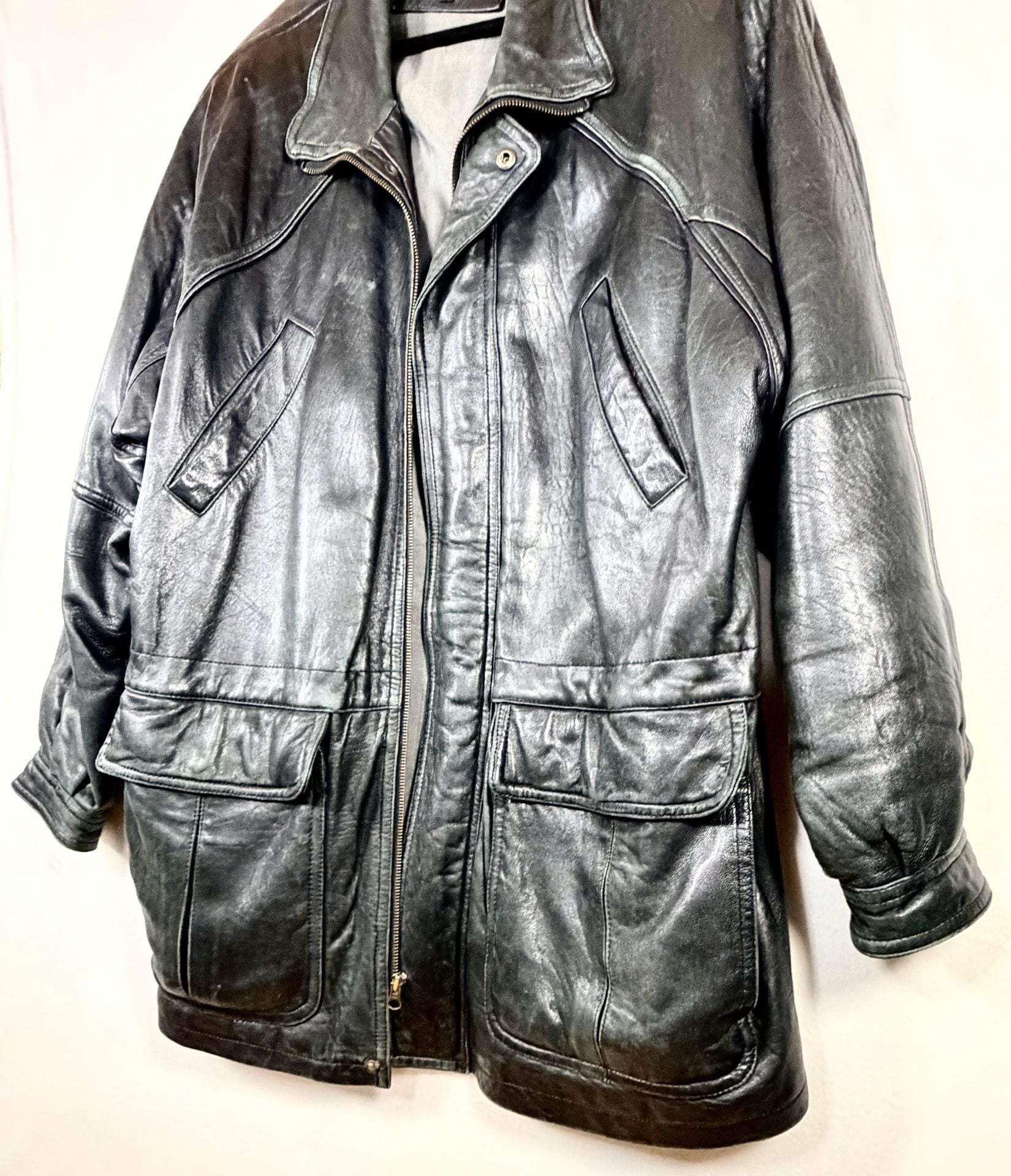 Men’s Kasper Leather Jacket Size XL Black Vintage Utility Coat Full Zip Pockets 4