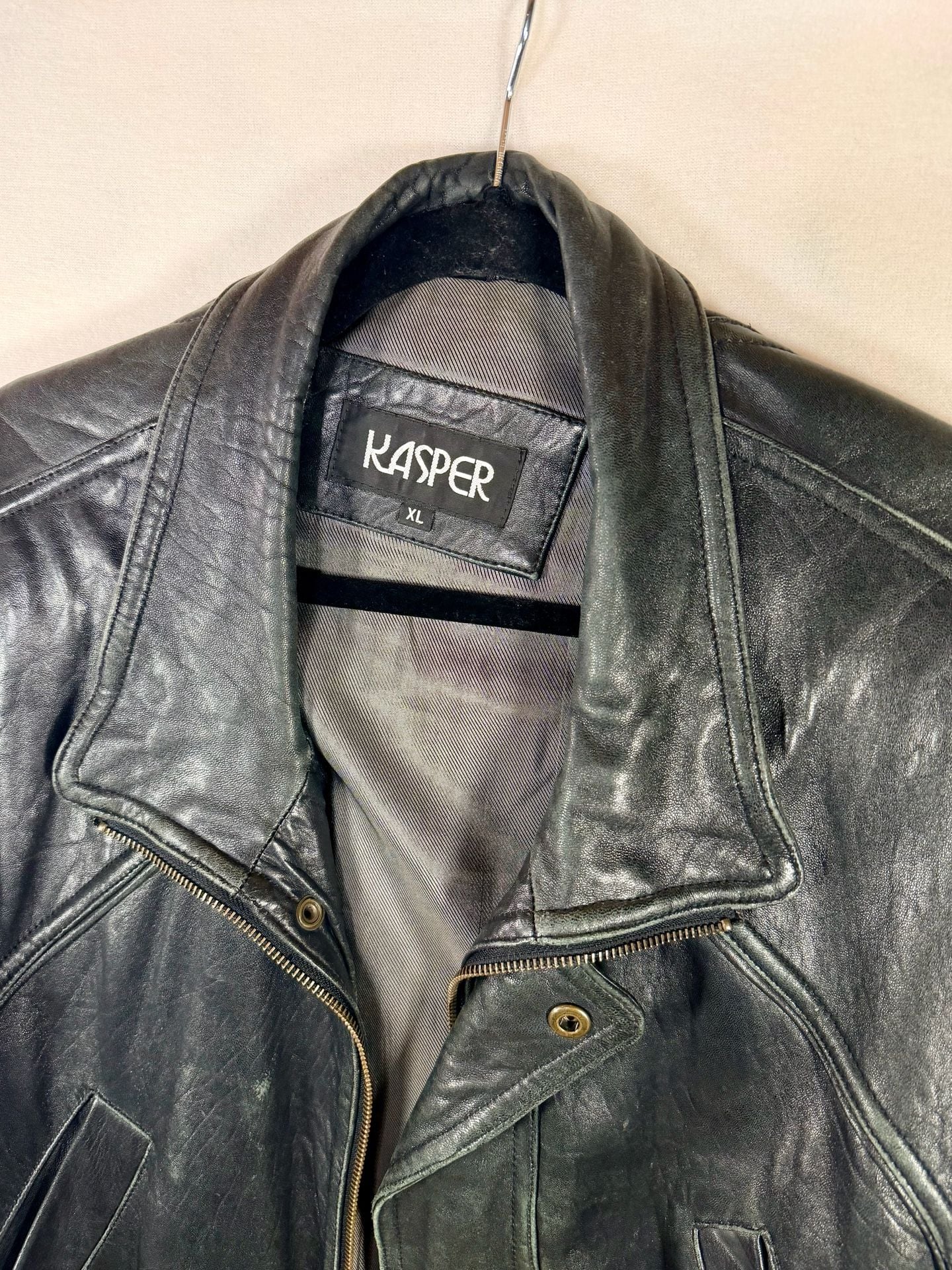 Men’s Kasper Leather Jacket Size XL Black Vintage Utility Coat Full Zip Pockets 5
