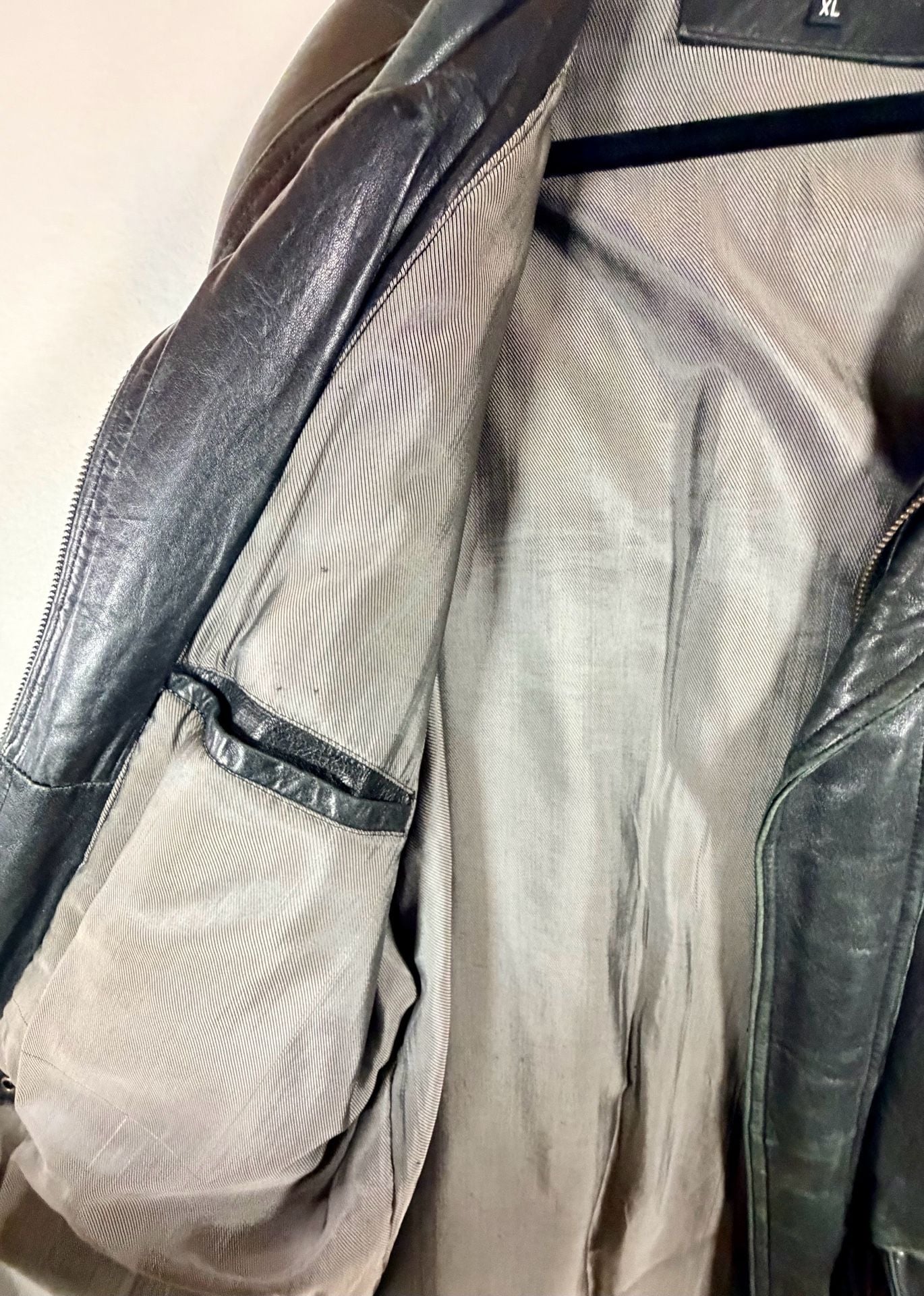 Men’s Kasper Leather Jacket Size XL Black Vintage Utility Coat Full Zip Pockets 6