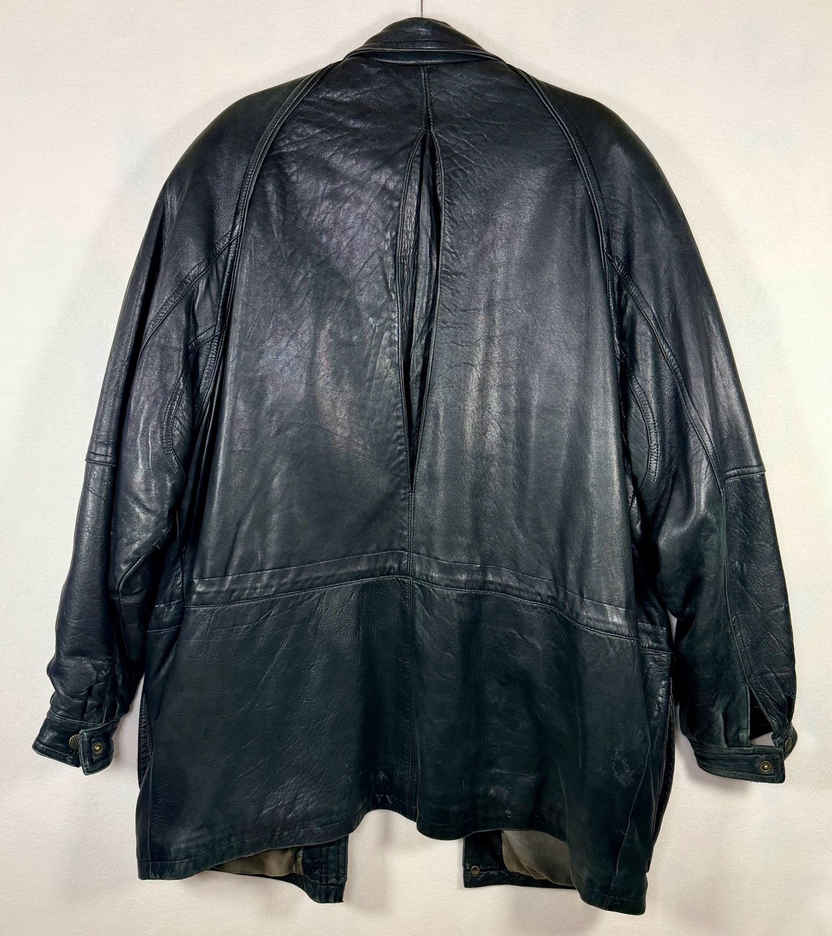 Men’s Kasper Leather Jacket Size XL Black Vintage Utility Coat Full Zip Pockets 8
