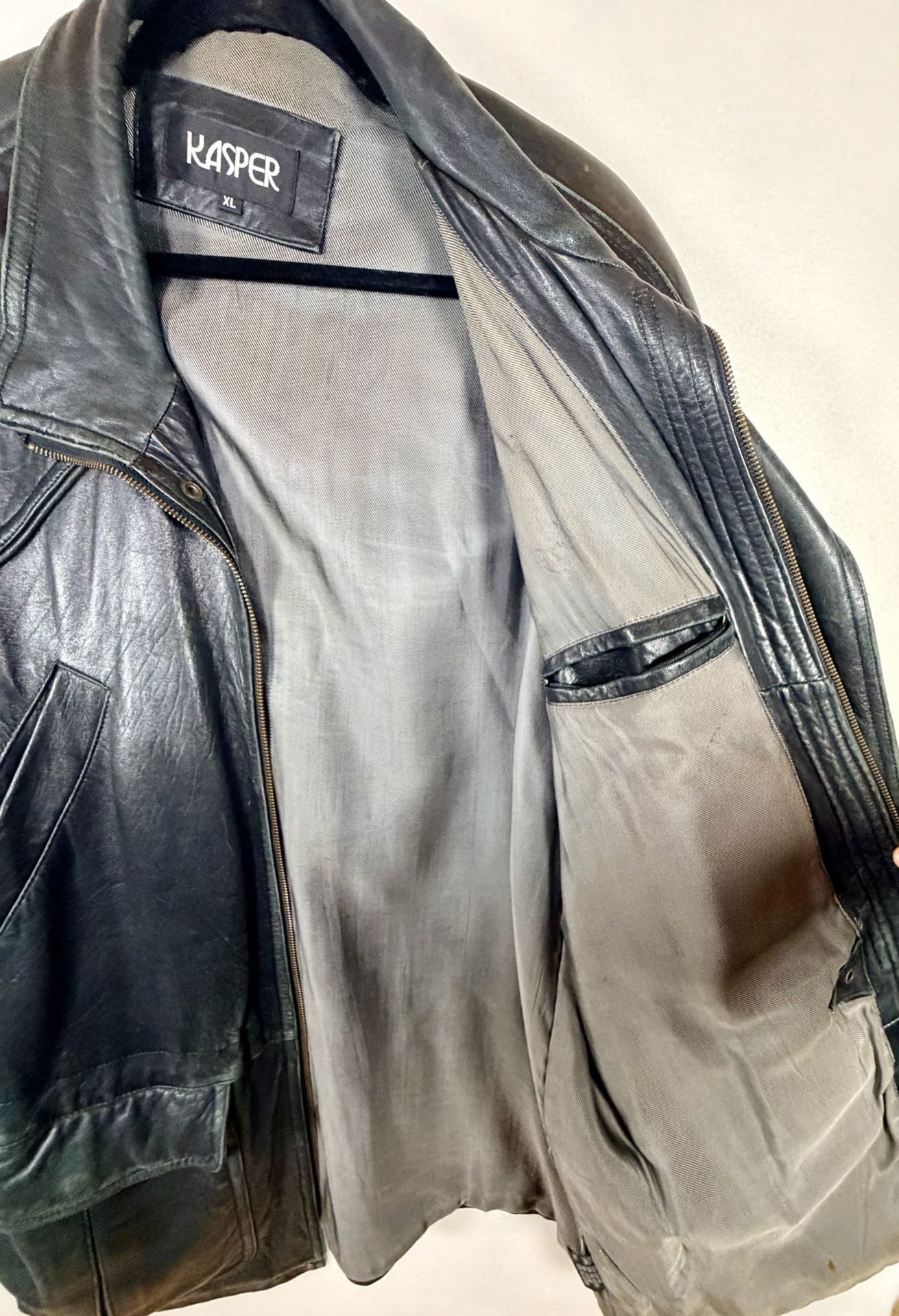 Men’s Kasper Leather Jacket Size XL Black Vintage Utility Coat Full Zip Pockets 14