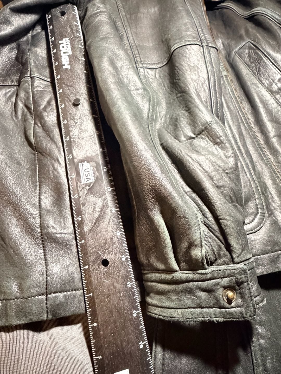 Men’s Kasper Leather Jacket Size XL Black Vintage Utility Coat Full Zip Pockets 15