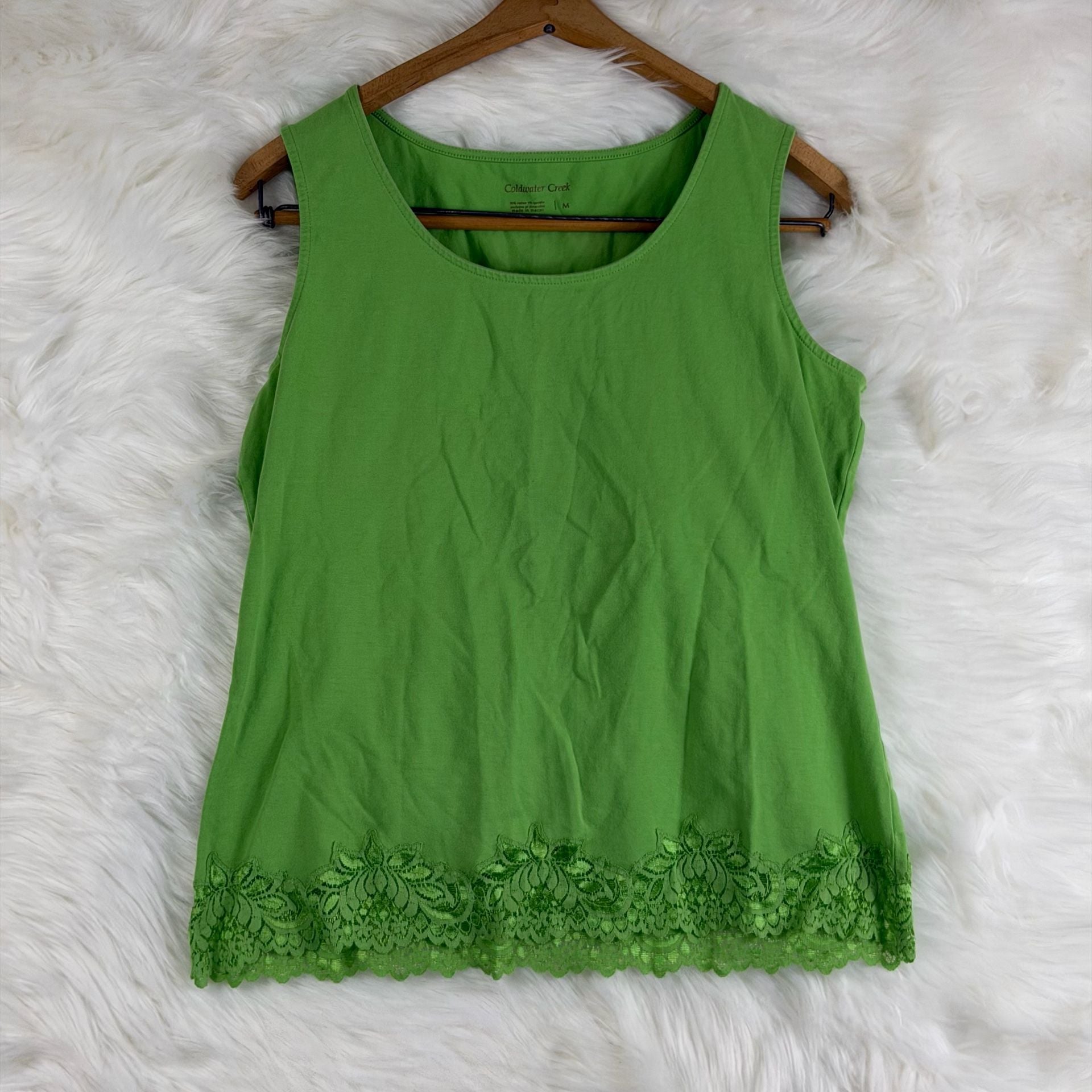 Coldwater Creek Tank Top Size M Green Lace Hem Cotton Spandex 2