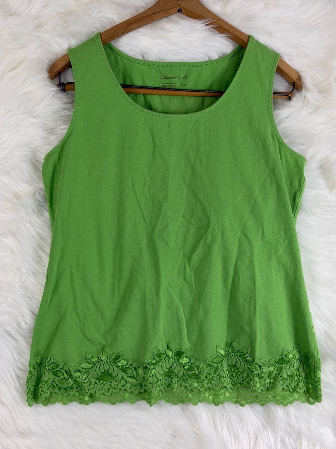Coldwater Creek Tank Top Size M Green Lace Hem Cotton Spandex 5