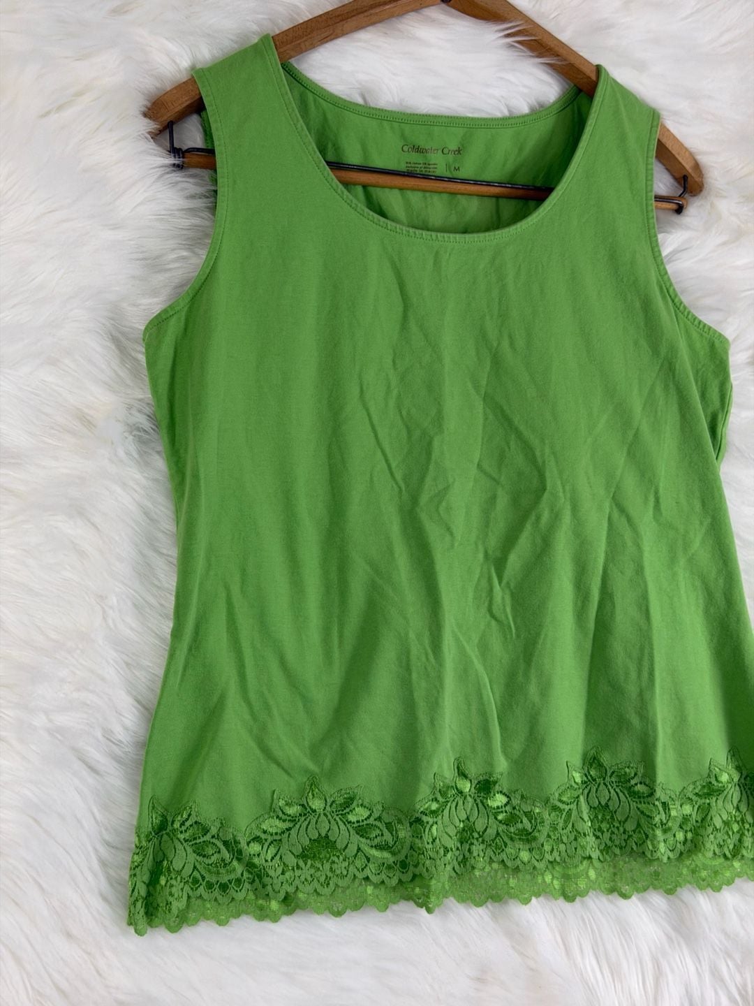 Coldwater Creek Tank Top Size M Green Lace Hem Cotton Spandex 6