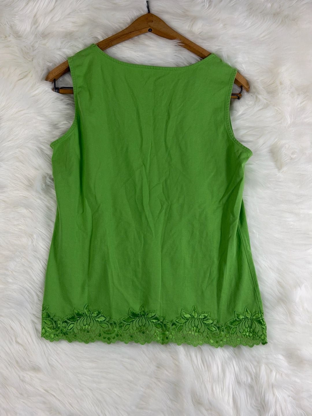 Coldwater Creek Tank Top Size M Green Lace Hem Cotton Spandex 8
