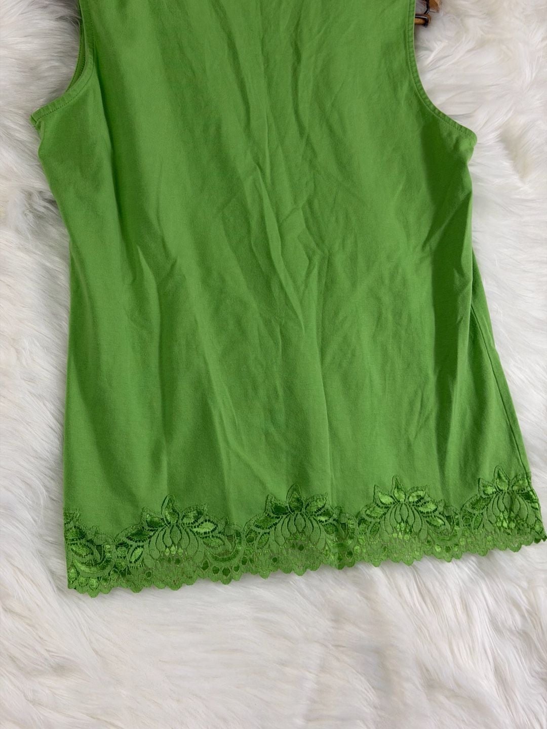 Coldwater Creek Tank Top Size M Green Lace Hem Cotton Spandex 9