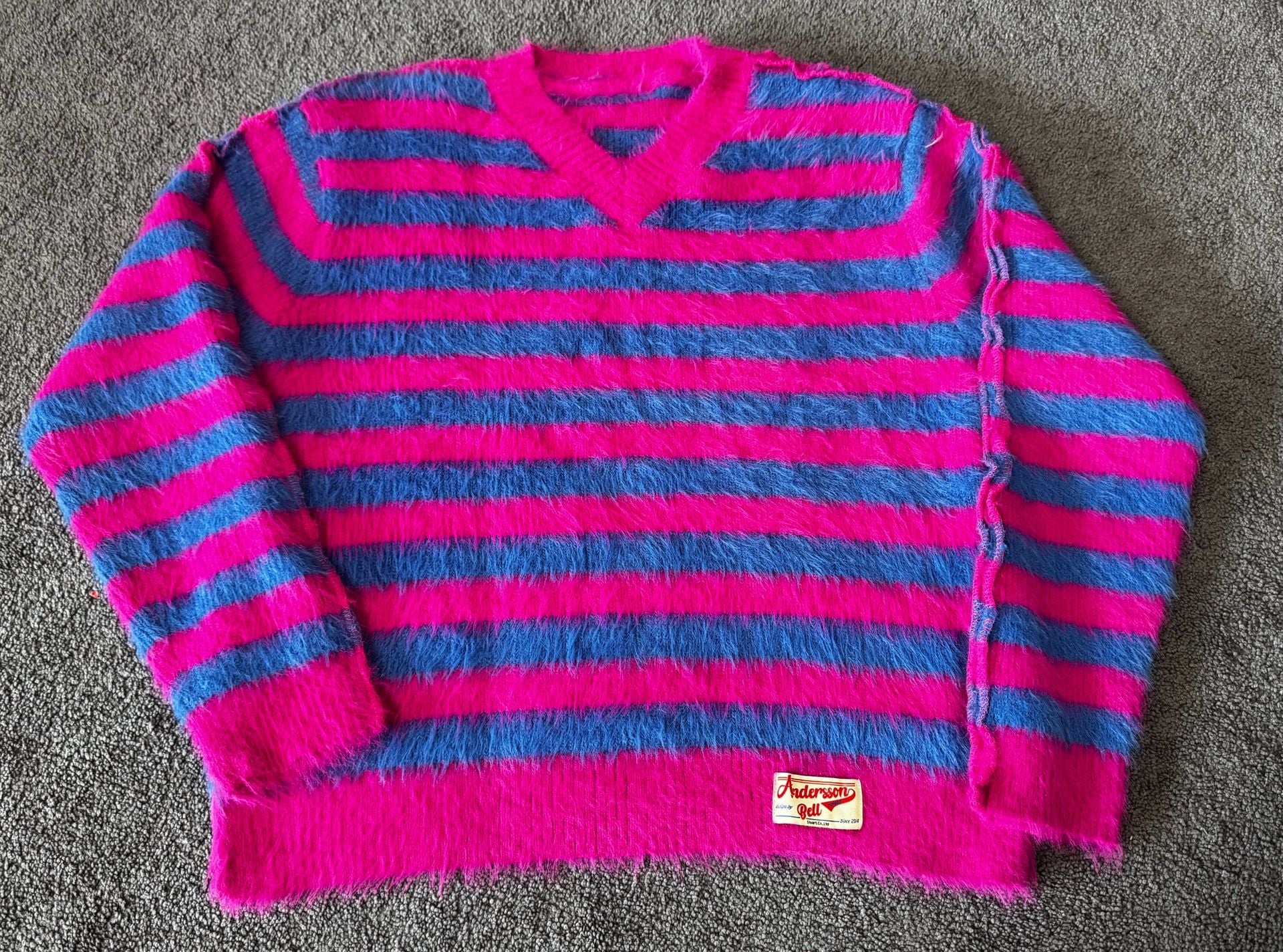 Andersson Bell Striped Fuzzy V-Neck Sweater Size S Pink Blue 4