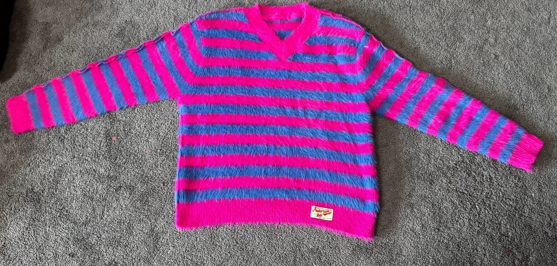 Andersson Bell Striped Fuzzy V-Neck Sweater Size S Pink Blue 5