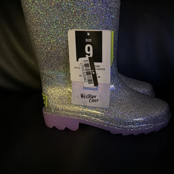 New Western Chief Light Up Rain Boots Size 9 Silver Glitter Lilac Sparkle