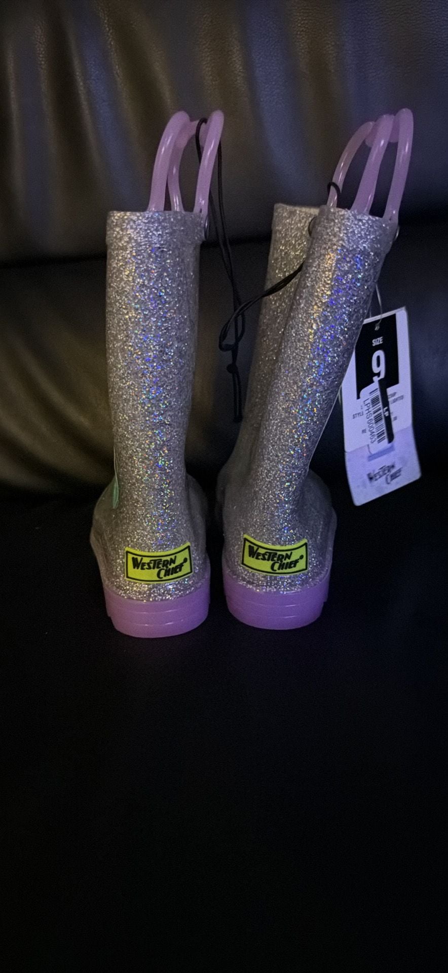 New Western Chief Light Up Rain Boots Size 9 Silver Glitter Lilac Sparkle 3