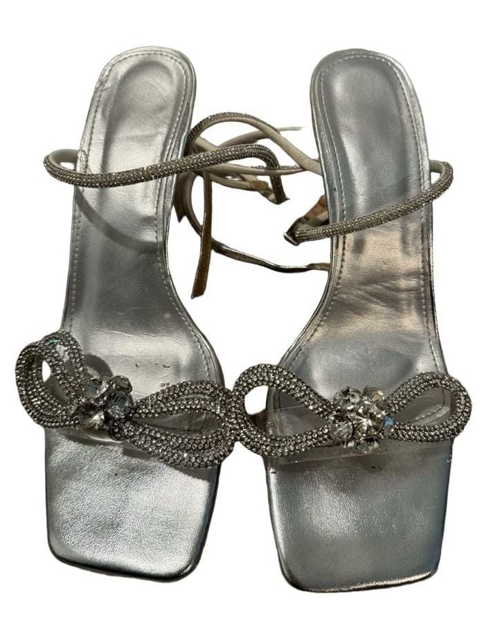 Silver Crystal Bow Rhinestone Ankle Strap High Heel Sandals 2