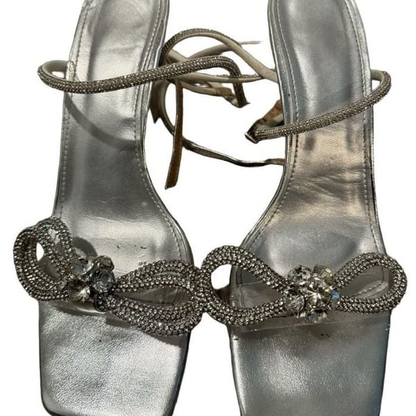 Silver Crystal Bow Rhinestone Ankle Strap High Heel Sandals