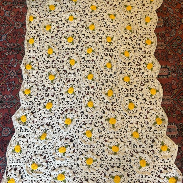 Vintage Handmade Crochet Blanket White With Yellow Flowers