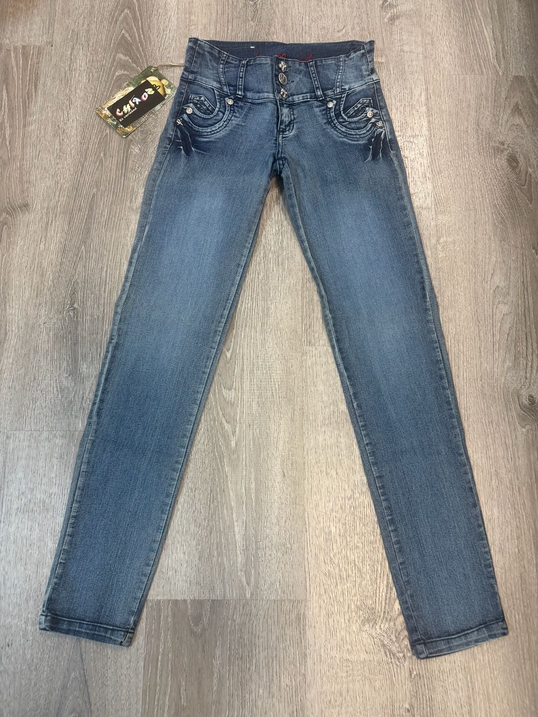Chiros Jeans Size 8 Blue Embroidered Rhinestone Skinny 9