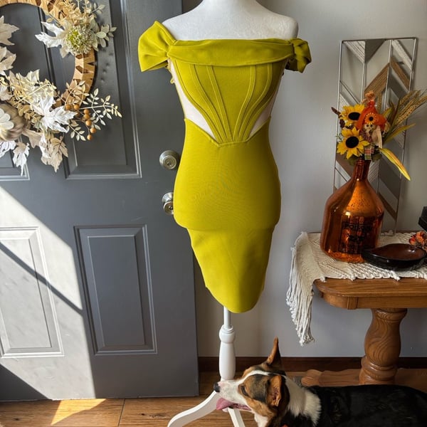 McCartney Quinn Bandage Dress Extra Small Green Off Shoulder Corset Midi