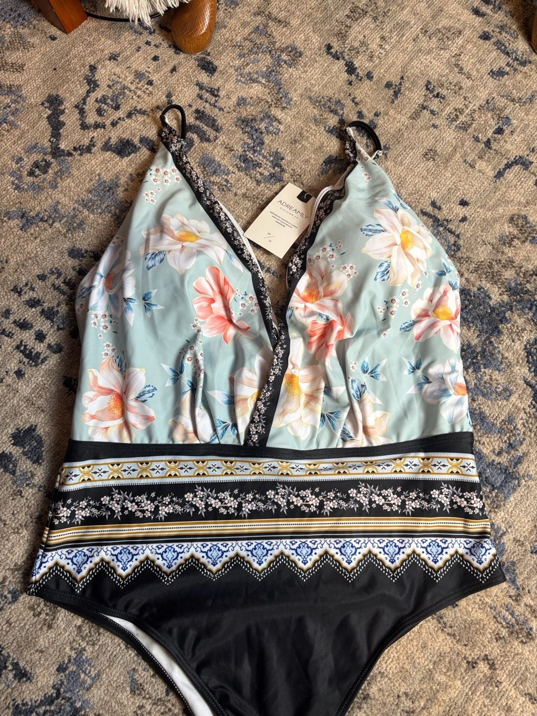 Adreamly One-Piece Swimsuit Size 20 Floral Green Plunge Bathing Suit 2
