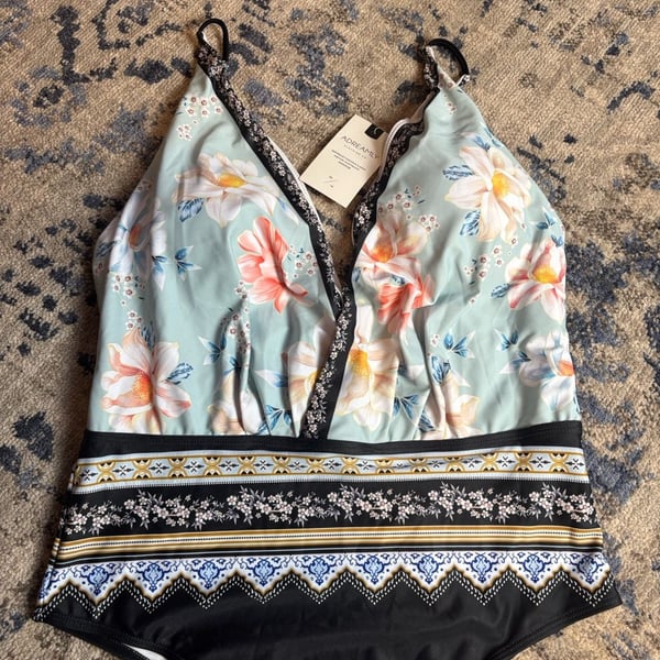 Adreamly One-Piece Swimsuit Size 20 Floral Green Plunge Bathing Suit