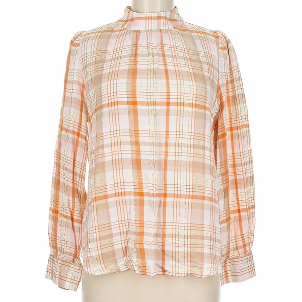 LOFT Outlet Plaid Mock Neck Blouse Size M Orange Metallic