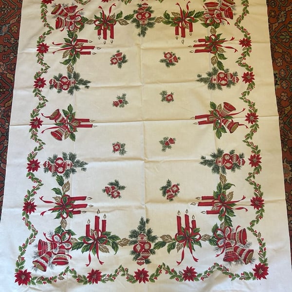 Vintage Mid-Century Christmas Tablecloth 51x63.5 – Festive Bells & Candles