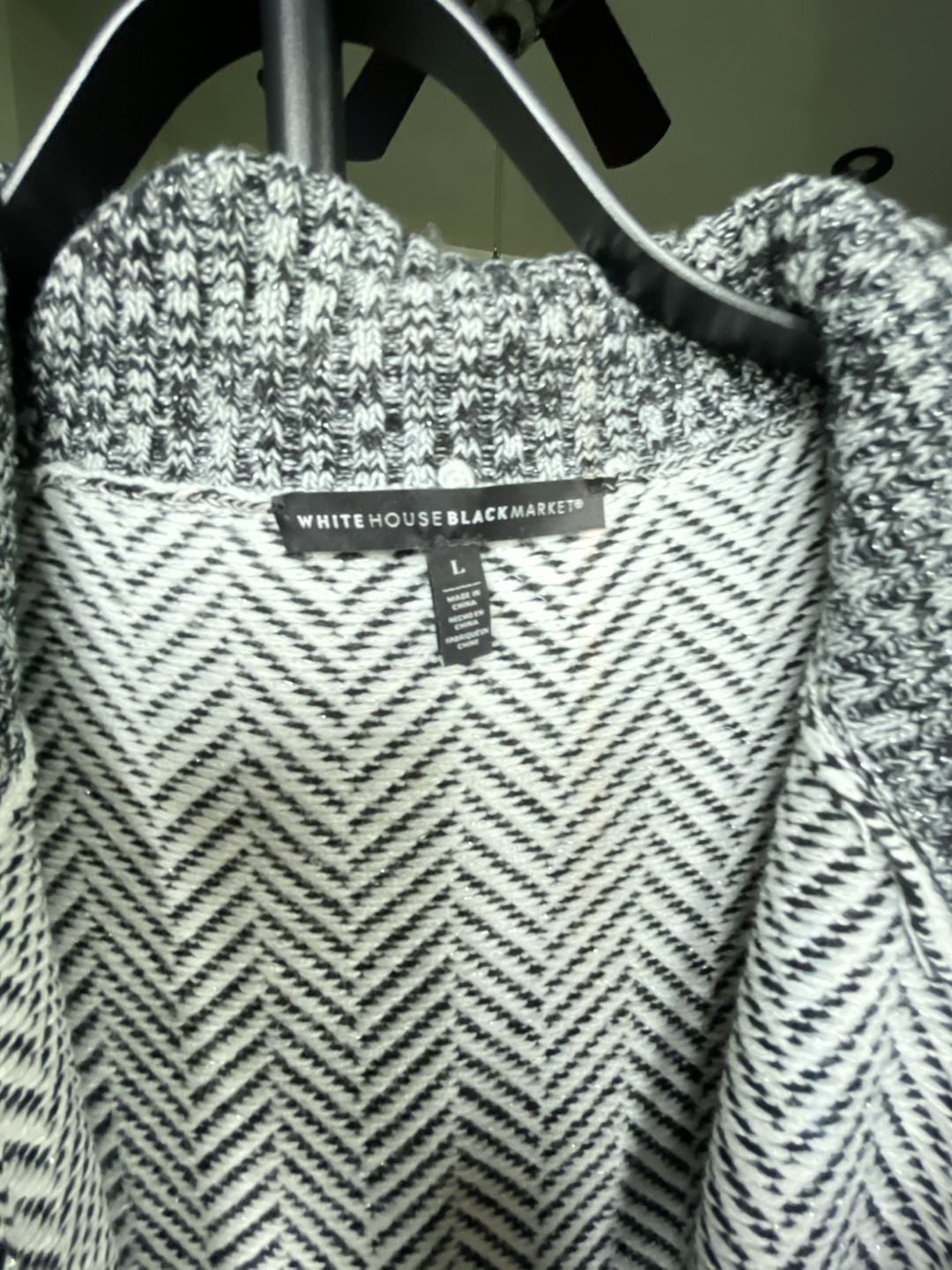 White House Black Market Cardigan Sweater Size L Black White Herringbone 3