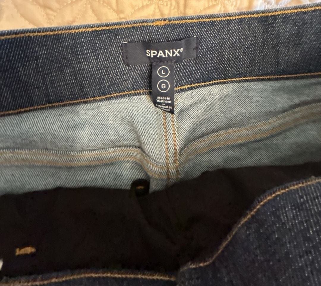 Spanx Flare Jeans Size L Dark Wash Raw Hem 7