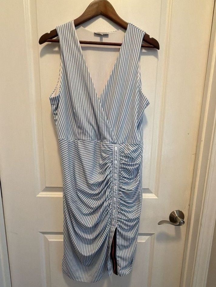 Anatomie Dress Size L Blue White Striped Ruched V-Neck 2