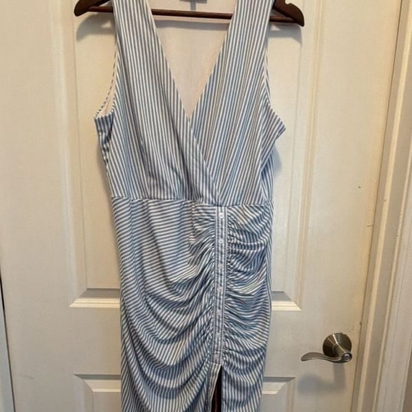 Anatomie Dress Size L Blue White Striped Ruched V-Neck