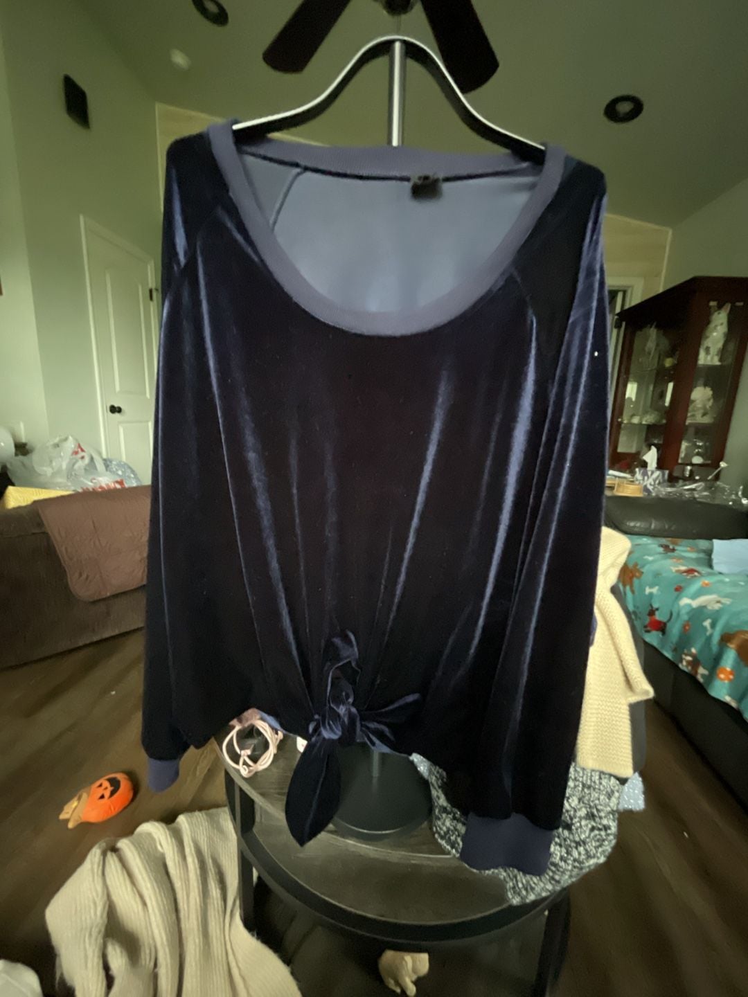 Nude Velvet Long Sleeve Tie Front Pullover Size L Navy Blue 2