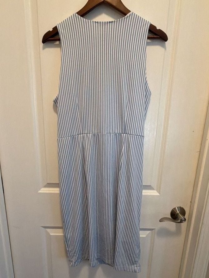 Anatomie Dress Size L Blue White Striped Ruched V-Neck 4