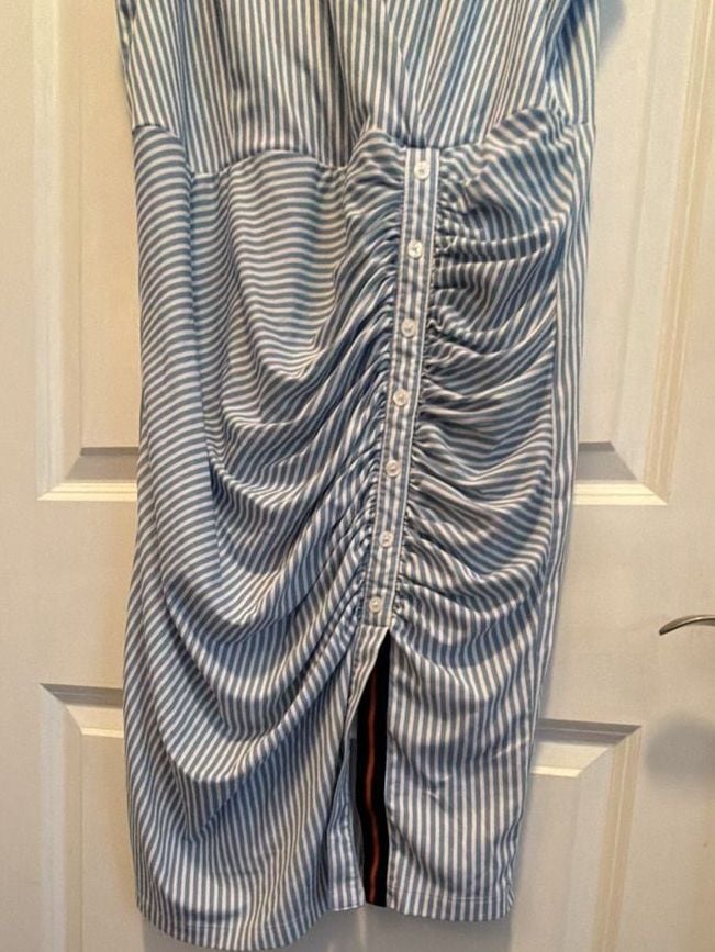 Anatomie Dress Size L Blue White Striped Ruched V-Neck 5