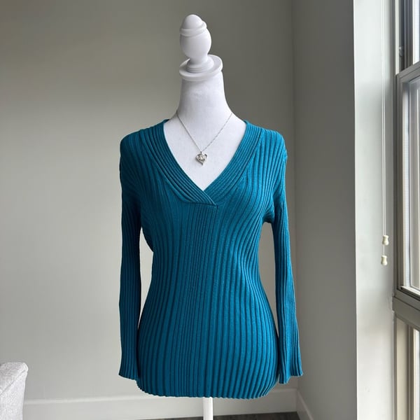 Y2K Carolyn Taylor Teal Blue Ribbed V-Neck Sweater Size XL Fits Small