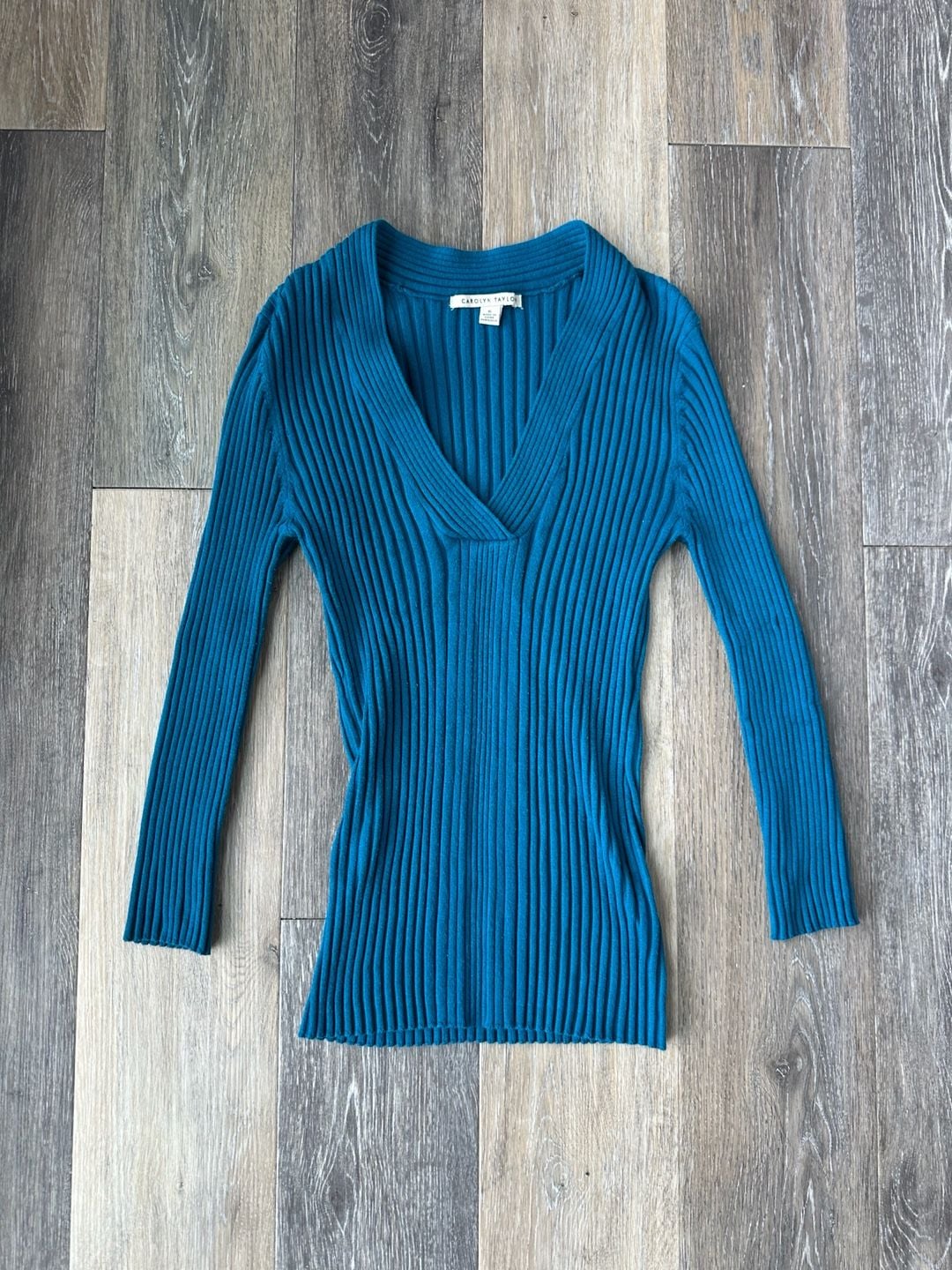 Y2K Carolyn Taylor Teal Blue Ribbed V-Neck Sweater Size XL Fits Small 8