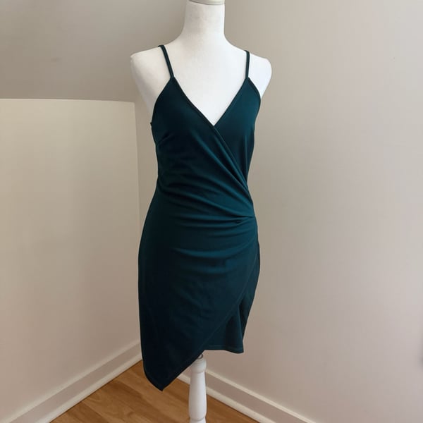 Amazon Bodycon Dress Size M Green Ruched Asymmetrical Wrap