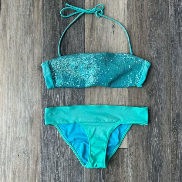 Victoria's Secret Maldive Sequin Bandeau Bikini Set Teal Blue S/M
